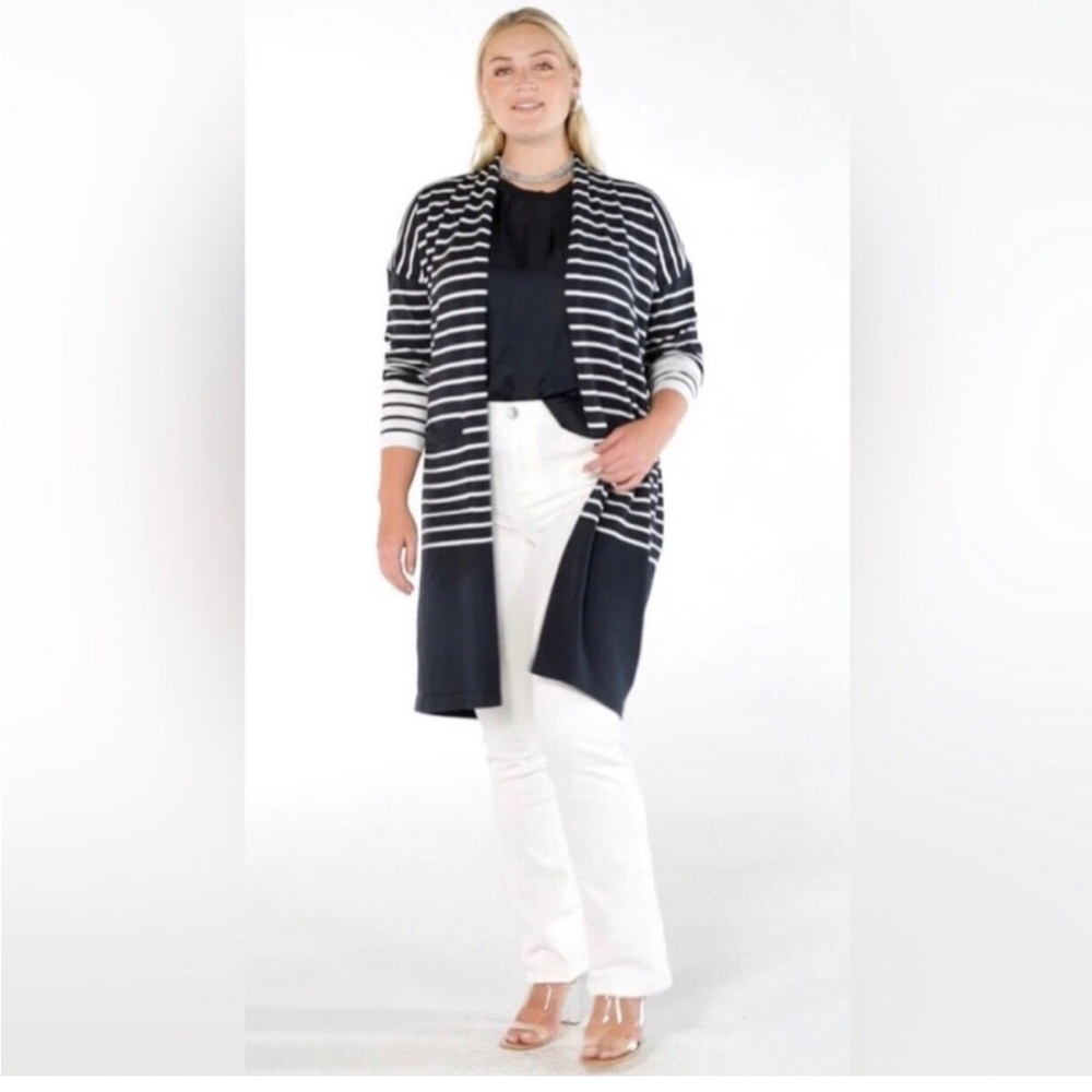 NWOT CAbi Boathouse Cardigan Navy White Stripes Duster Pockets Cotton Nautical M